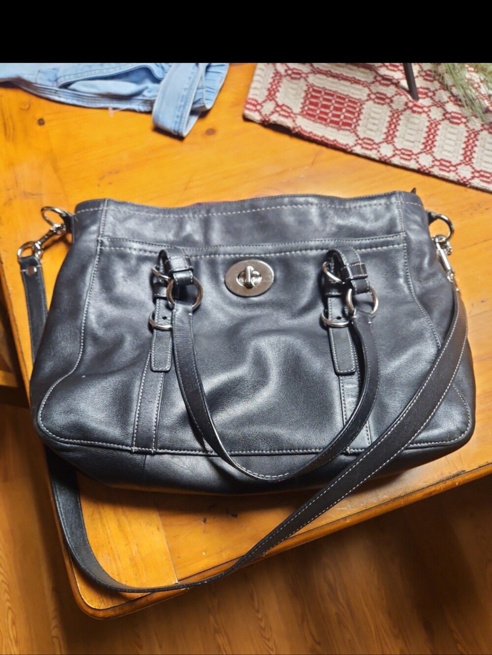 Vintage Coach Black Leather Turn-Lock Shoulder Tote
